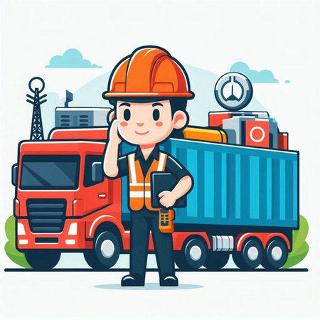 Worker in hardhat with cargo truck. Vector illustration in cartoon styleのイラスト素材