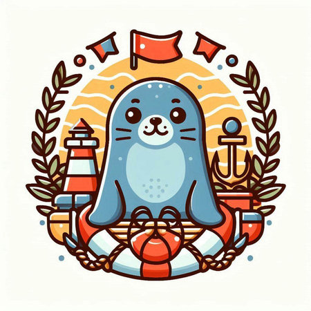Cute seal with sea lifebuoy in cartoon style. Vector illustration.のイラスト素材