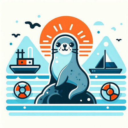 Cute seal on the seashore. Vector illustration in flat styleのイラスト素材
