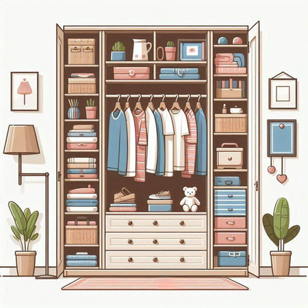 Closet with clothes and accessories. Hand drawn vector illustration.のイラスト素材