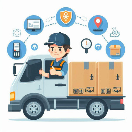 Delivery man in uniform and cap driving a truck with boxes. Vector illustration.のイラスト素材