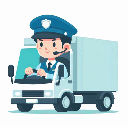 Policeman driving a truck. Vector illustration in a flat styleのイラスト素材