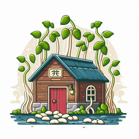 Illustration of a wooden house in the forest. Vector illustration.のイラスト素材