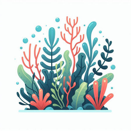 Coral reef in flat style. Underwater plants and seaweed. Vector illustration.のイラスト素材