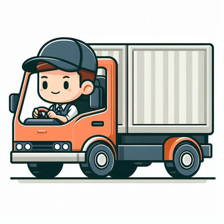 Illustration of a Cartoon Delivery Driver Driving a Truck on White Backgroundのイラスト素材
