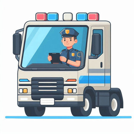 Police car. Policeman in uniform. Vector illustration on white background.のイラスト素材