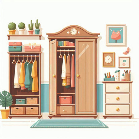 Closet with furniture and accessories. Vector illustration in flat styleのイラスト素材