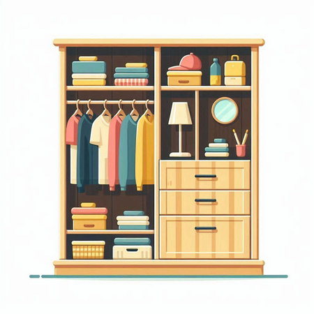 Wardrobe with furniture and accessories. Vector illustration in cartoon style.のイラスト素材