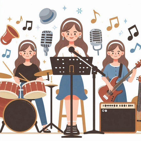Vector illustration of a group of girls singing and playing musical instruments.のイラスト素材