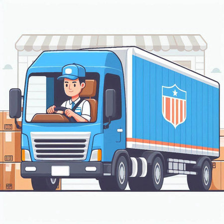 Delivery man in uniform and cap driving cargo truck. Vector illustration.のイラスト素材