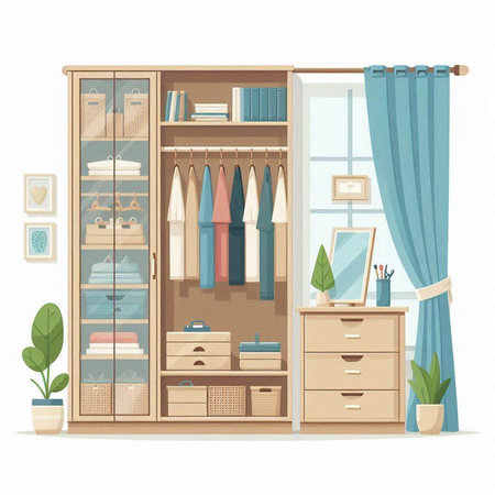 Wardrobe with shelves, clothes and accessories. Vector illustration in flat styleのイラスト素材