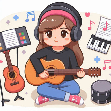Little girl playing guitar and listening to music with headphones. Vector illustration.のイラスト素材