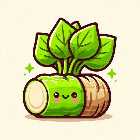 Cute green radish cartoon character with happy face. Vector illustrationのイラスト素材