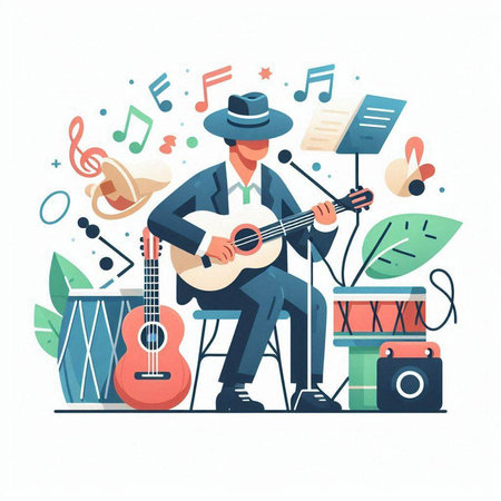 Musician playing guitar and singing. Vector illustration in flat style.のイラスト素材