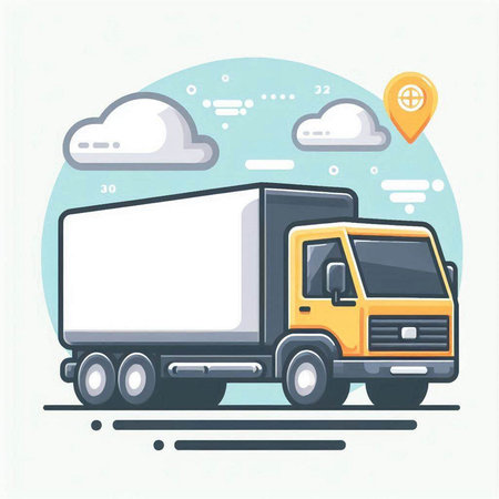 Illustration of a yellow truck on a background of clouds and a map.のイラスト素材