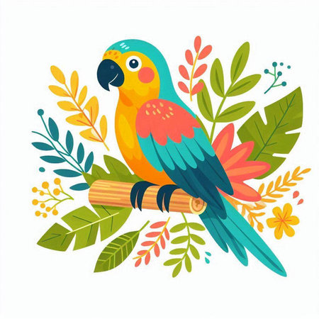 Cute parrot sitting on a branch with leaves. Vector illustration.のイラスト素材