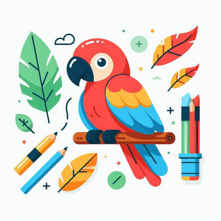 Cute parrot sitting on a branch with pencils. Vector illustrationのイラスト素材