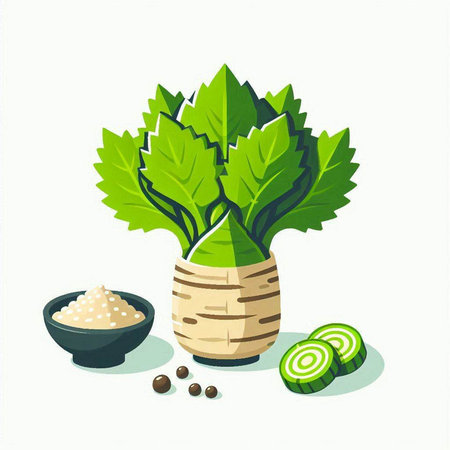 Vector illustration of celery, parsley leaves and spices in bowl.のイラスト素材