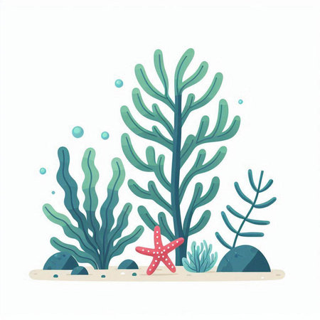 Underwater vector illustration with algae, starfish and seaweed.のイラスト素材