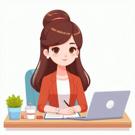 Young business woman working on laptop computer at office desk. Vector illustration.のイラスト素材