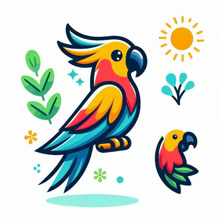 Cute parrot with sun and flowers. Hand drawn vector illustration.のイラスト素材