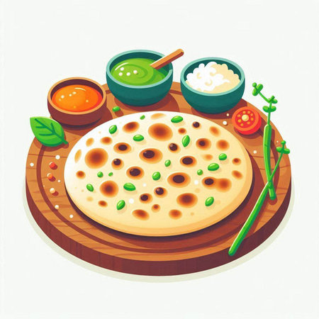 Illustration of a traditional Indian flat bread on a wooden board.のイラスト素材