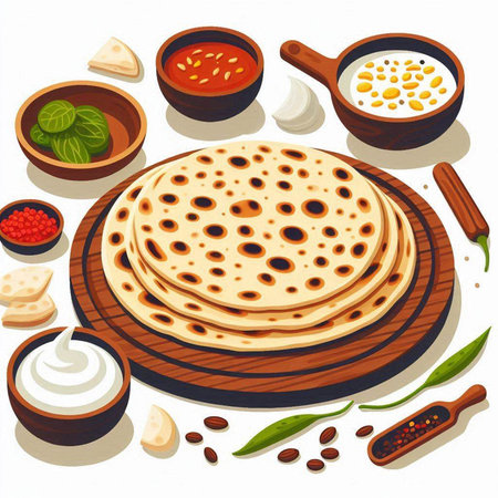 Illustration of a set of traditional indian food on a white backgroundのイラスト素材