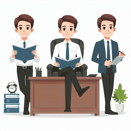 Businessman sitting at the desk and reading a book. Vector illustration.のイラスト素材