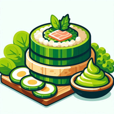 Vector illustration of sushi roll on a wooden board. Japanese cuisine.のイラスト素材