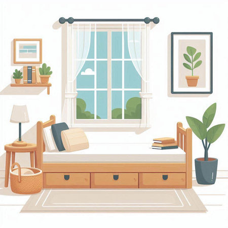 Bedroom interior vector illustration in flat style. Bedroom with window, pillows, books, plants.のイラスト素材