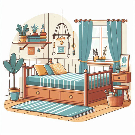 Vector illustration of a childrens bedroom with a bed and a wardrobeのイラスト素材
