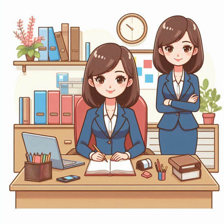 Illustration of two businesswomen working in the office. Vector illustration.のイラスト素材