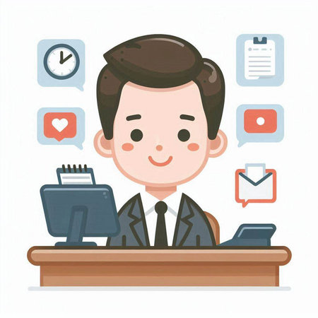 Businessman working at the desk with social media icons. Vector illustration.のイラスト素材
