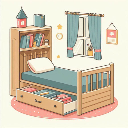 Illustration of a children's bedroom with a bed and a bookcaseのイラスト素材