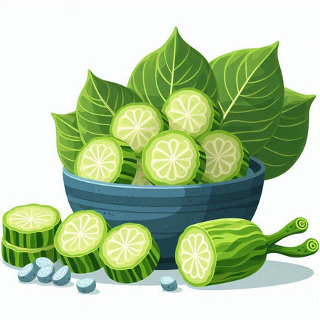 Illustration of a fresh cucumber in a bowl with green leavesのイラスト素材