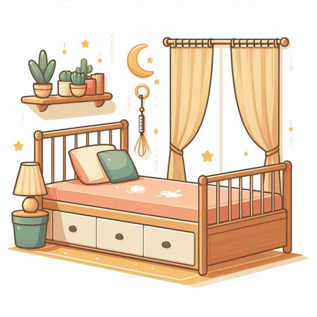 Illustration of a cozy bedroom with a double bed and a cactusのイラスト素材