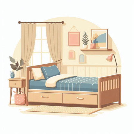 Bedroom interior. Vector illustration in cartoon style. Bedroom with bed, pillows, nightstand, window.のイラスト素材