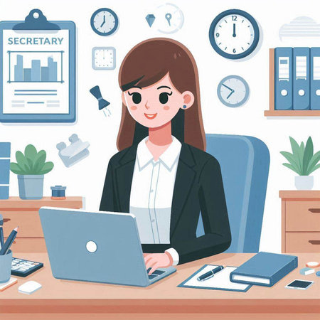 Business woman working on laptop at office desk. Vector illustration in cartoon style.のイラスト素材