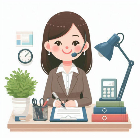 Illustration of a young businesswoman working at her desk in officeのイラスト素材