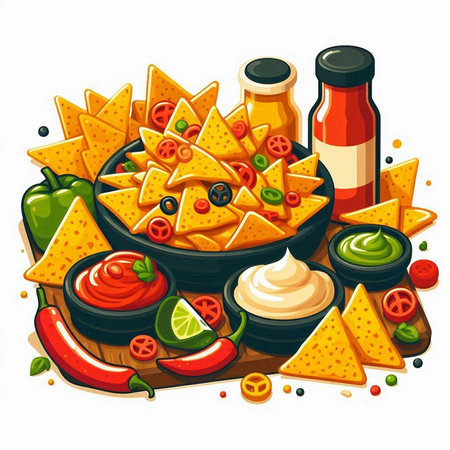 Nachos with guacamole sauce and ingredients, vector illustrationのイラスト素材