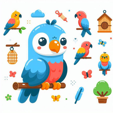 Cute parrots and birds set. Funny cartoon parrots. Vector illustration.のイラスト素材
