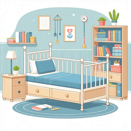 Illustration of a children's room with a bed and a bookのイラスト素材