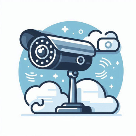 Vector illustration of security camera on cloud background. Flat design style.のイラスト素材