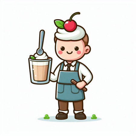 Cute cartoon waiter with ice cream and cherry. Vector illustration.のイラスト素材