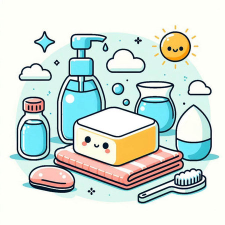 Cute cartoon illustration of soap, shampoo, shower gel and other hygiene productsのイラスト素材