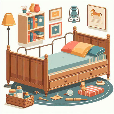 Children's bedroom with furniture and toys. Vector illustration in cartoon styleのイラスト素材