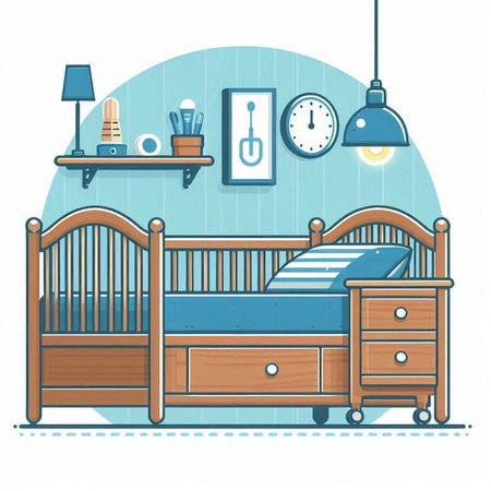 Illustration of a children's room with a bed, lamp, nightstands and a clockのイラスト素材