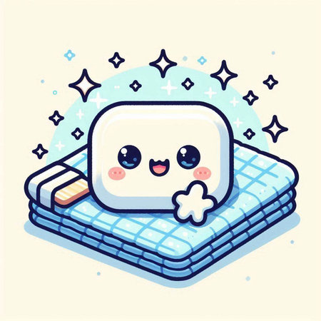 Cute cartoon character of soap on a mattress. Vector illustration.のイラスト素材