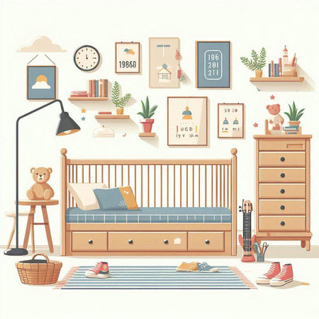 Baby room with furniture and toys. Vector illustration in flat style.のイラスト素材