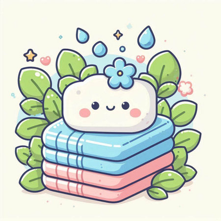 Cute vector illustration of a stack of towels with a flower on topのイラスト素材